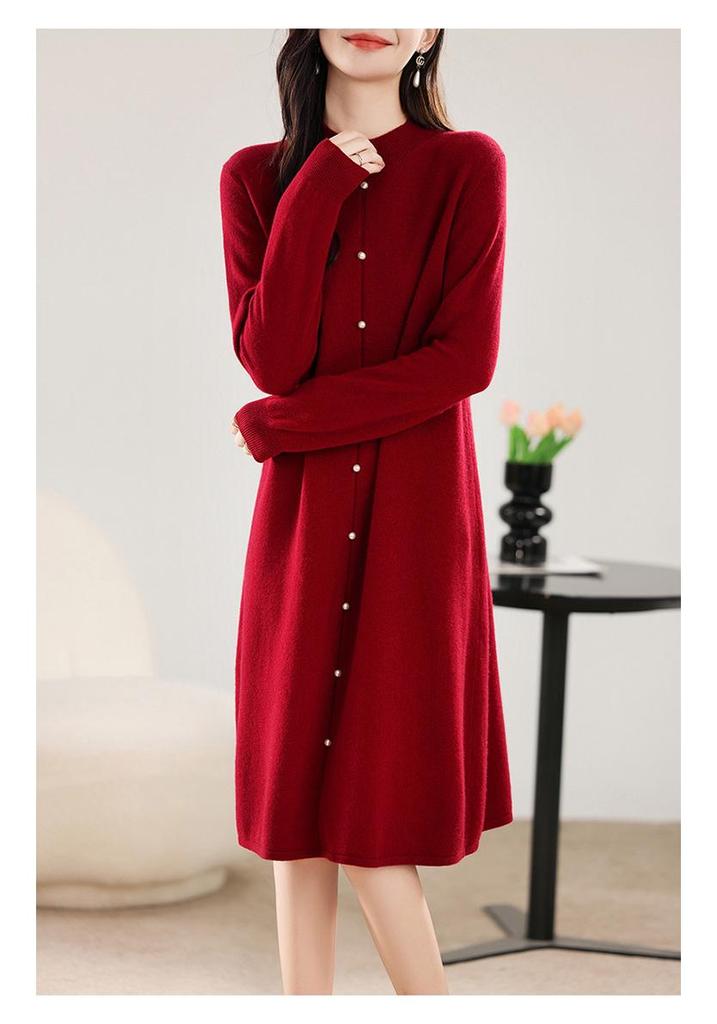 Women's Elegant Pearl Button Wool Dress - Autumn/Winter Knit, Half-High Collar, Loose Fit, Silk Luster Sweater