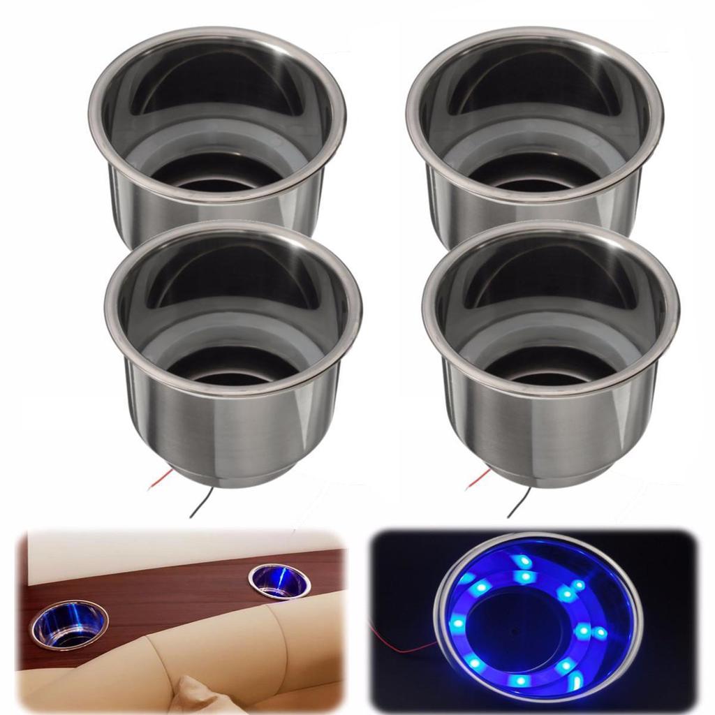 4pcs Blue 8LED Recessed Stainless Steel Cup Drink Holder for Car Marine Boat