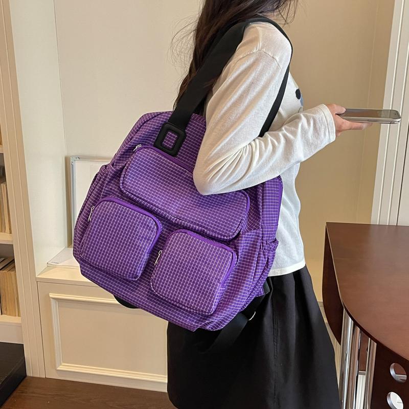 Color Contrast Backpack Women's Large Capacity Commuter Handbag Multi-Functional Plaid Tote Bag