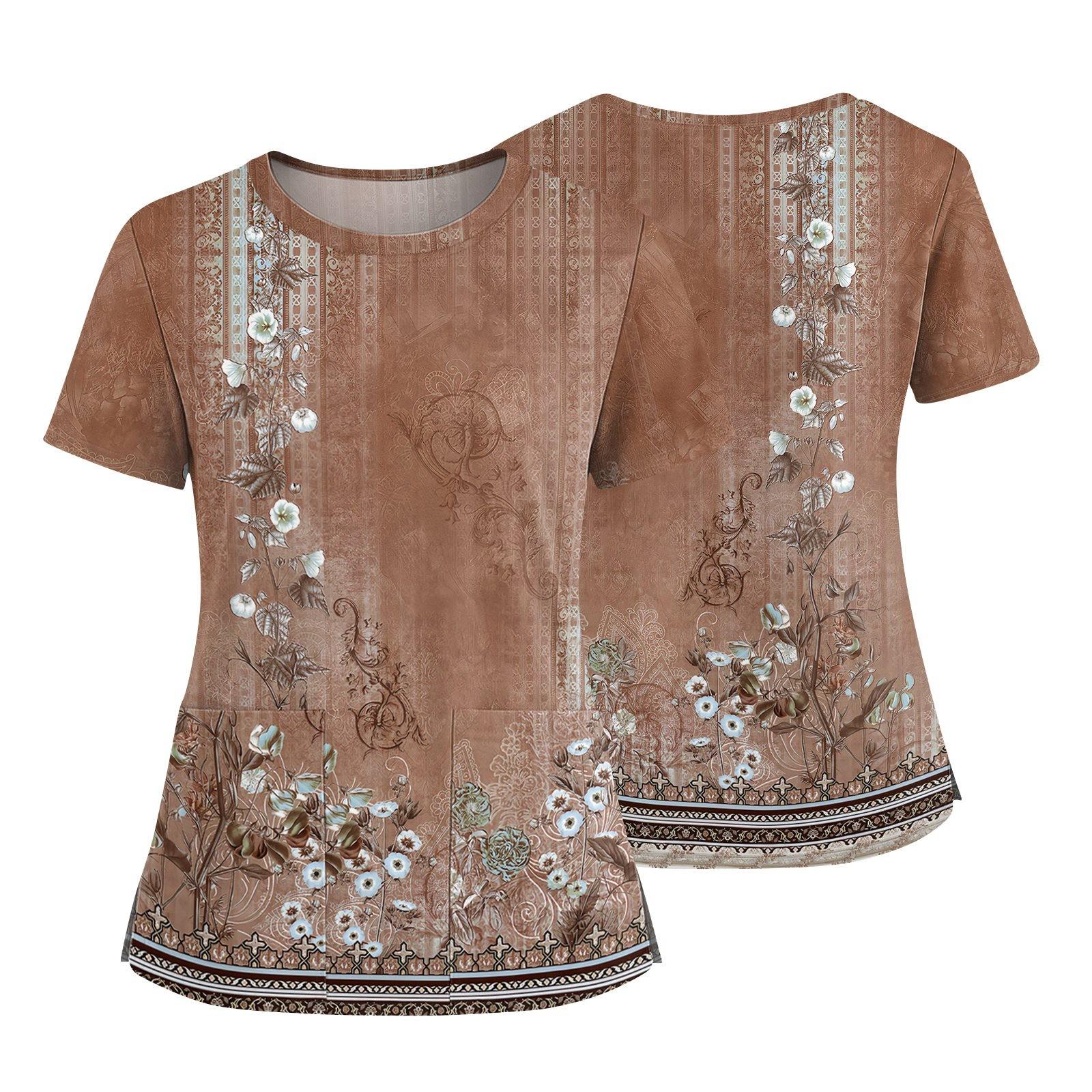 

Women s Fashionable Printed Round Neck Pocket Short Sleeved Shirt With Slit Hem Uniform And Worker s Top L кавовий