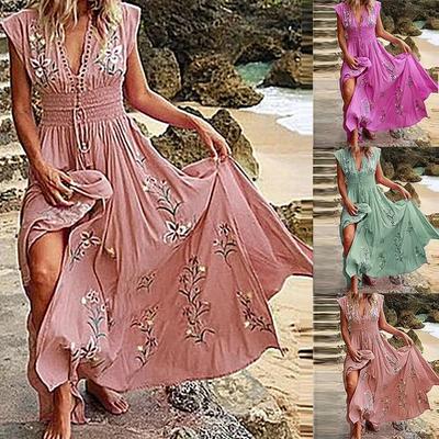 Women's Summer Maxi Dress Deep V-Neck Short Sleeve Long Dress Casual Floral Printed Swing Beach Dress
