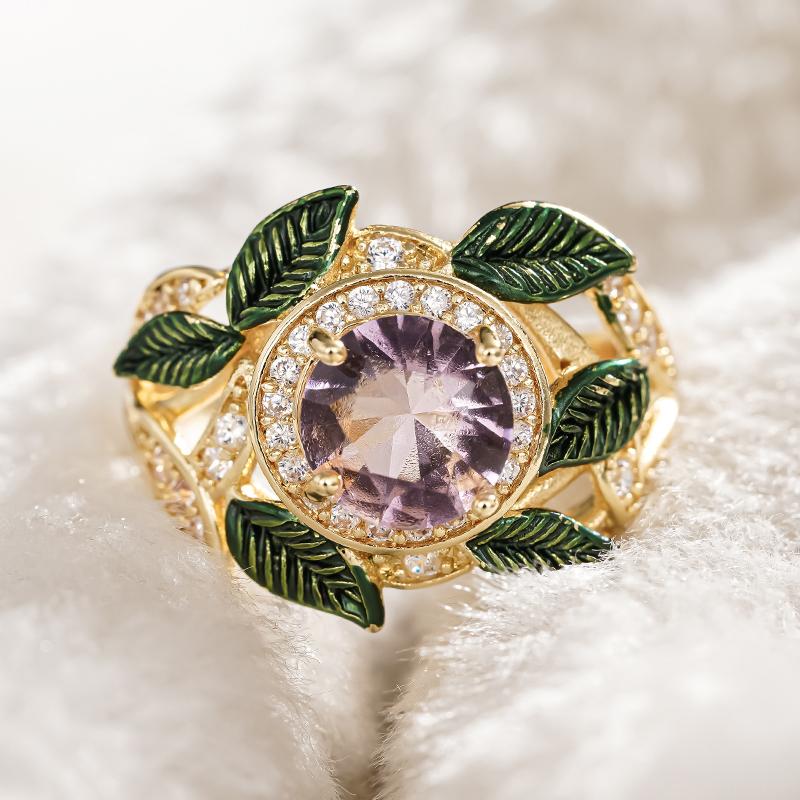 Huitan Elegant Fresh Style Lady Ring Flower Design Inlaid Shiny Pink CZ Leaf Shaped Aesthetic Wedding Accessories Trendy Jewelry