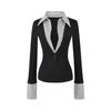 Women's Black Striped Faux Two-Piece Slim-Fit T-Shirt for Spring/Autumn