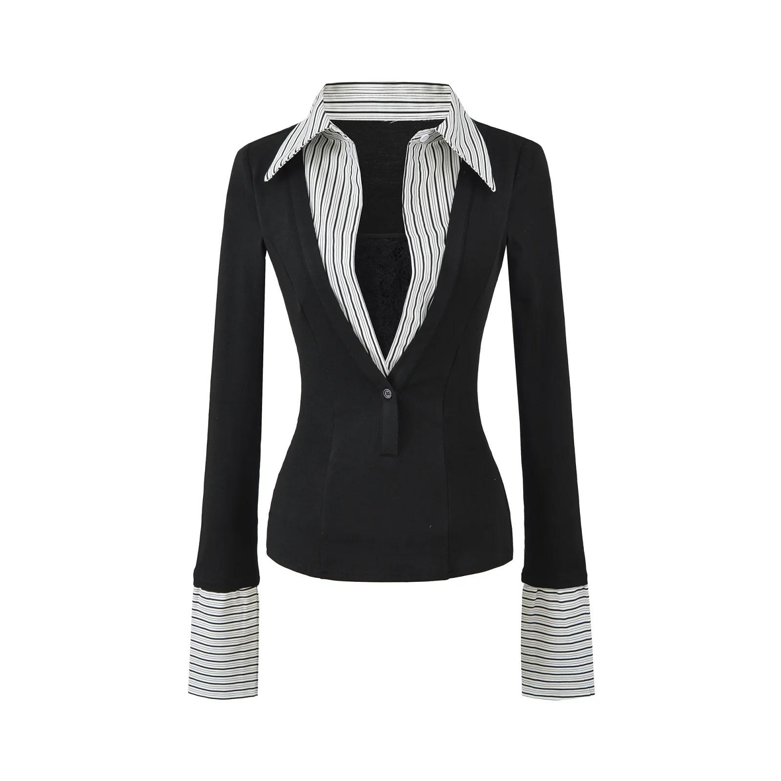 Women s Black Striped Faux Two-Piece Slim-Fit T-Shirt for Spring/Autumn Small чёрный