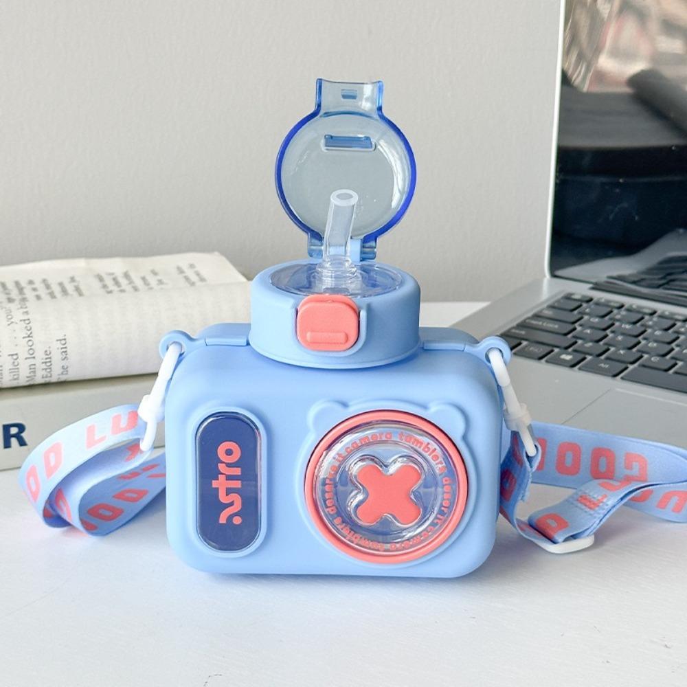 Plastic Straw Water Cup Sealed Design Water Bottle Portable Cartoon Camera Cup  Outdoor Activities