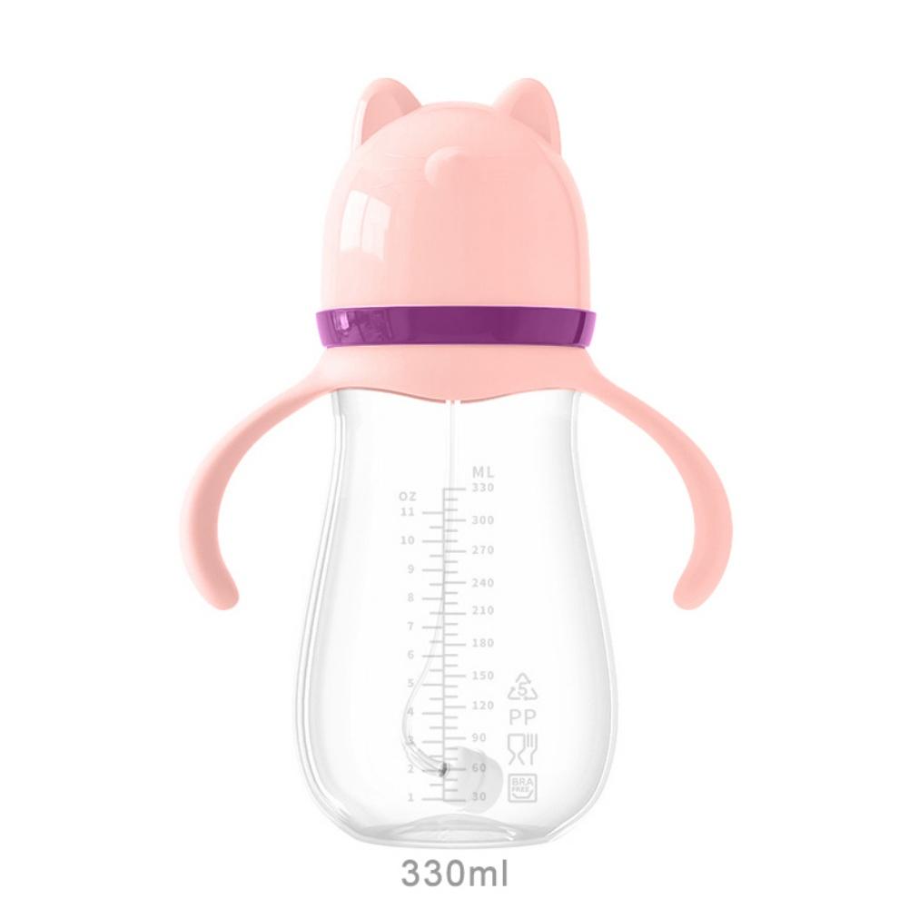 

Бутылочка для кормления ребенка, бутылочка с трубочкой и широким горлом, с ручкой, полипропиленовая бутылка для воды, бутылка для молока 330ml розовый