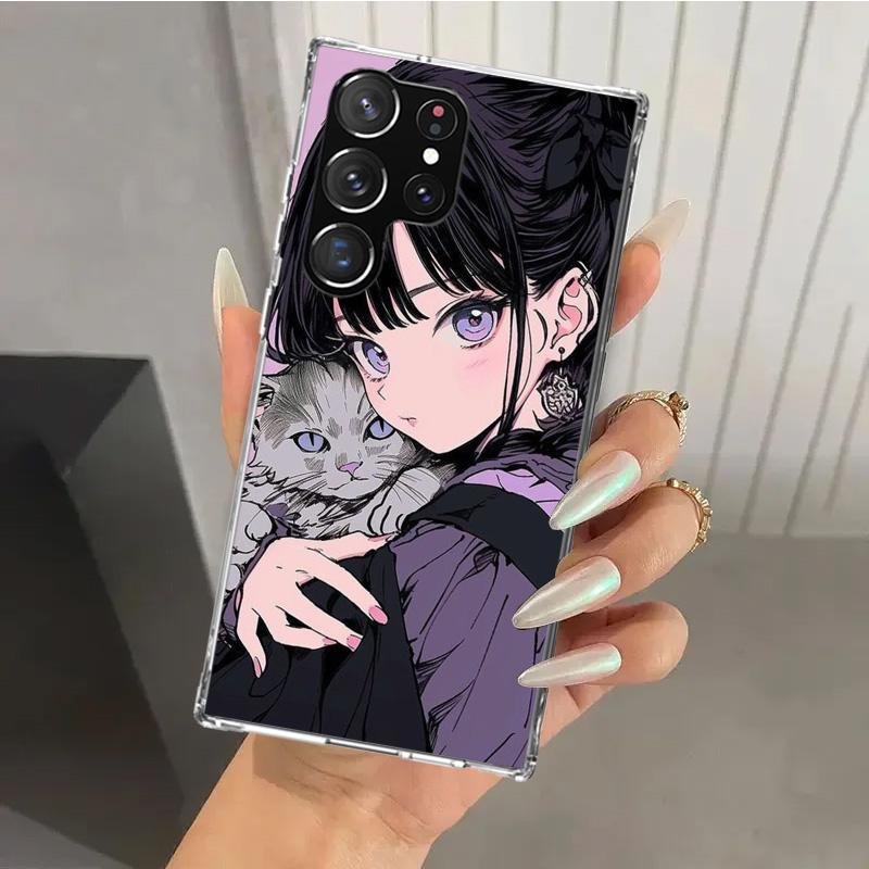 Anime Girls Cute Black Cat Phone Case for Samsung Galaxy S26 S24 S23 Ultra S25 Edge S22 S21 Plus S20 FE + Soft Print Shell Funda