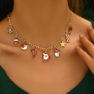 Christmas Tree Snowman Santa Bell Pendant Necklace
