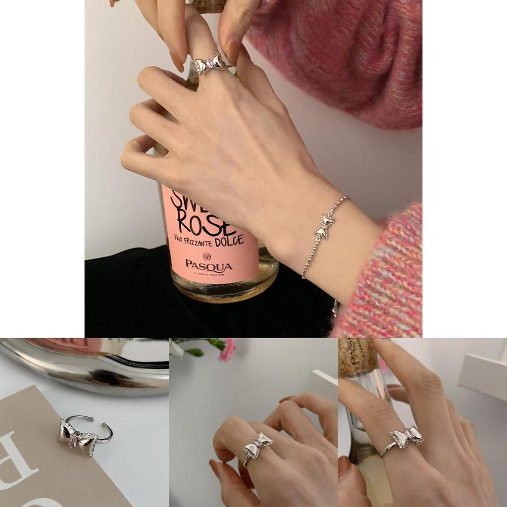 Exquisite Korean Daejeon Design Pink Diamond Bow Tie Ring Adjustable Size For Women
