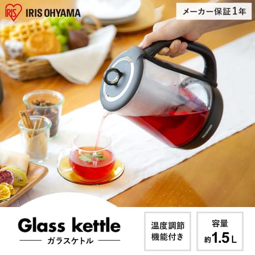 Iris Ohyama Electric Kettle, Glass Type, 1.5L, 9-level Temperature Adjustment, Heat Retention Setting, Auto-off After Boiling, Cleanable Filter, Tea S