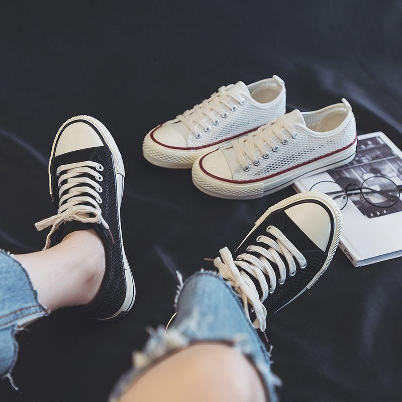Summer New Mesh Shoes Women's Breathable Mesh Cutout Canvas Shoes Versatile Casual Shoes Flat Student Skateboard Shoes