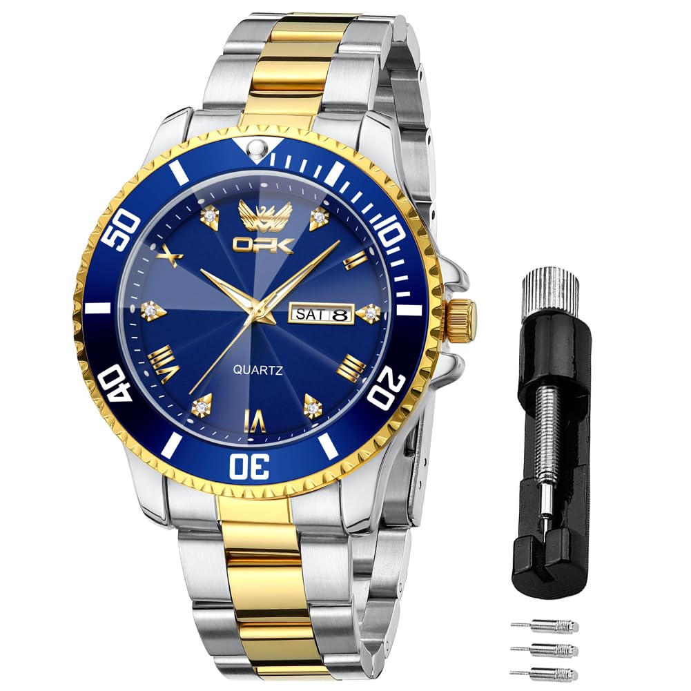 OPK Quartz Watch with Date Classic Stainless Steel Watch for School or Gold Blue Men's Display, Waterproof, Luminous, Stylish, Office, &