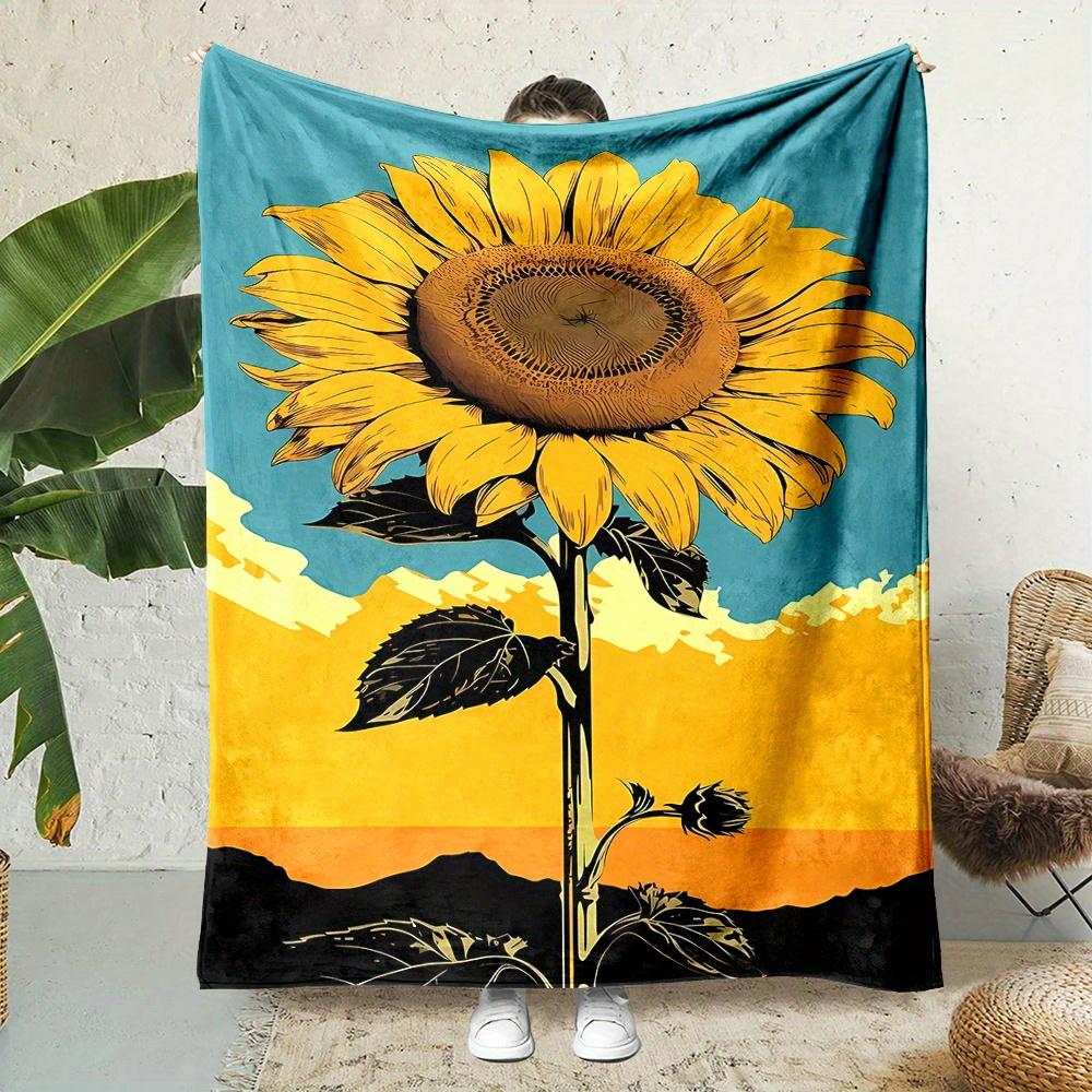 Sunflower on Mountain Print, All-Season Reversible Fleece Throw Blanket, Contemporary Style, 200-250g Polyester, Soft and Fluffy
