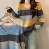 Color Block V Neck Stripe Long Sleeve Knit Top Women Autumn Winter Korean Loose Slim Pullover Youthful Base Layer