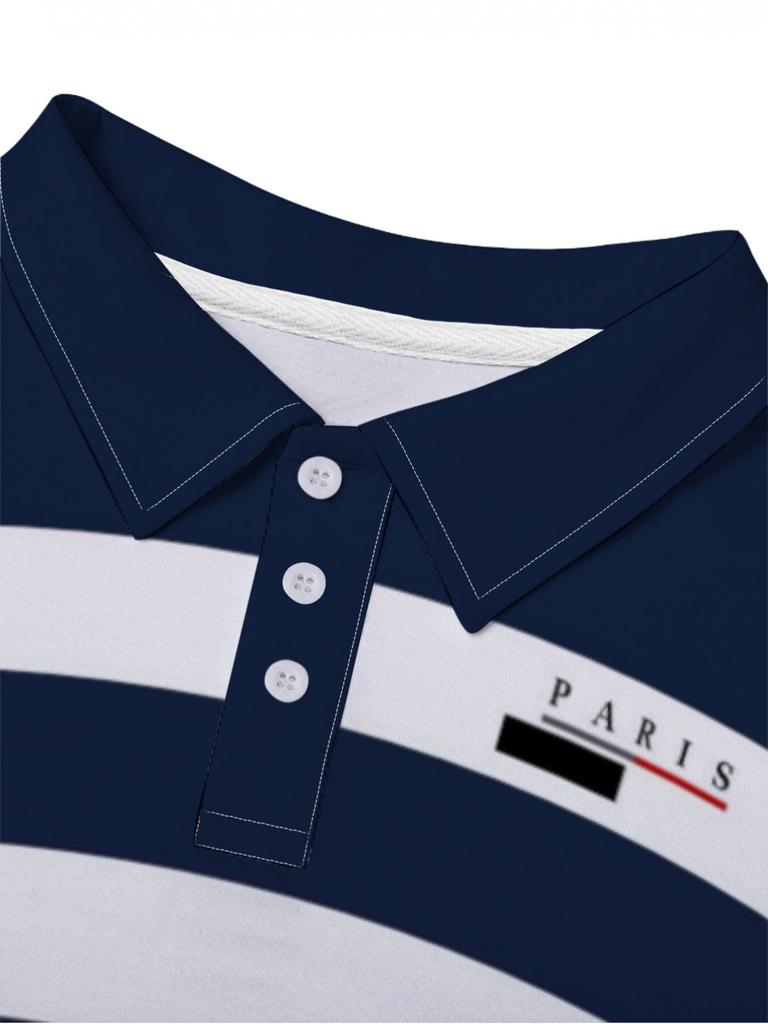 Printed Design – Non-Textured Printed Men's Golf Shirt with Short Sleeves in Blue Stripes, Featuring a Casual, Comfortable, Stylish, and Well-Fitting