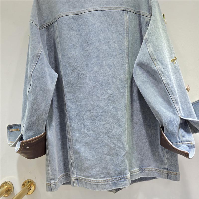 2025 Autumn/Winter Women's Floral Beaded PU Leather and Denim Color Block Jacket