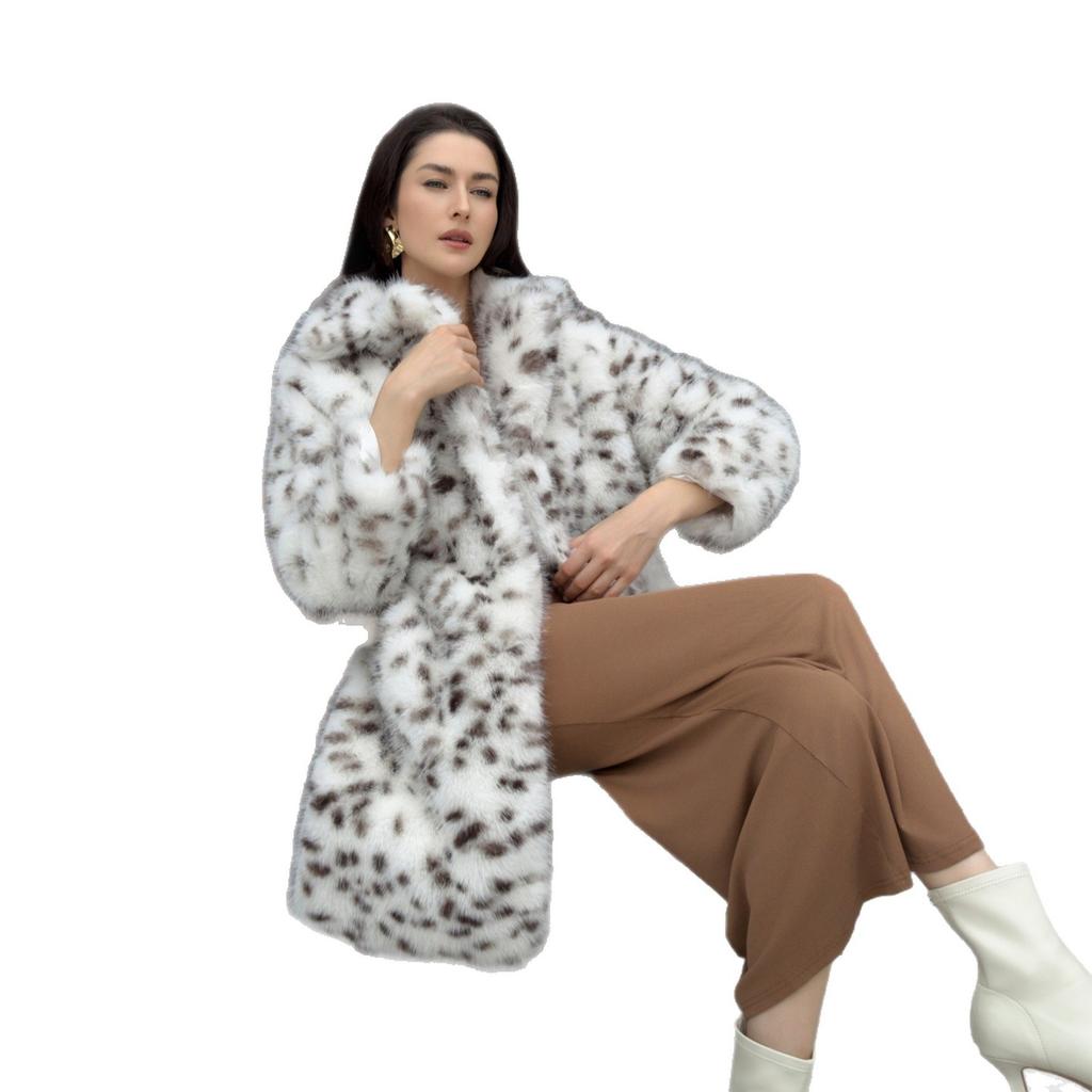 Fur jacket women's imitation fox fur coat bobcat leopard print suit collar medium and long European and American large size winter warmth
