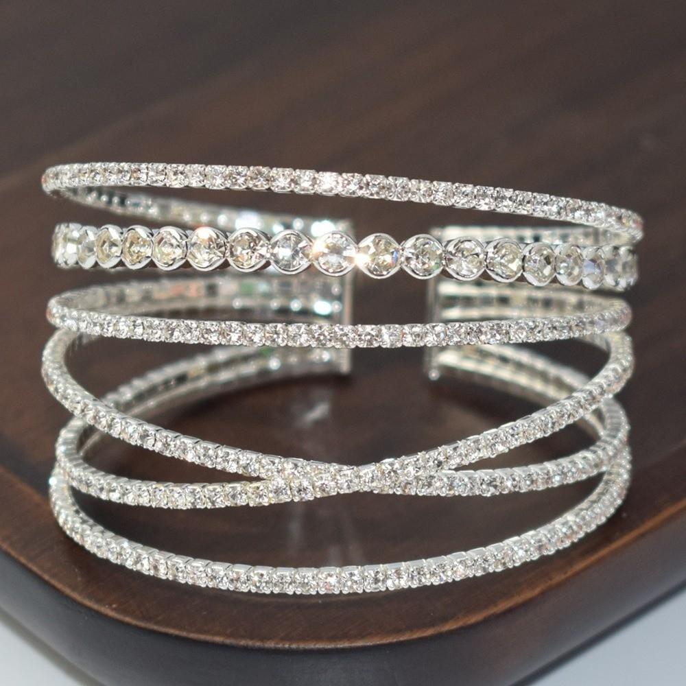 Zinc Zinc Alloy Multi-layer Rhinestone Cuff Bracelet Irregular Silver Wrist Circle Couple