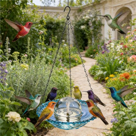 USB-Powered Fountain Bird Bath Hanging Bird Bath Fountain Outdoor Hummingbird Feeder Bath Bowl Attracts Wild Birds for Garden Decoration
