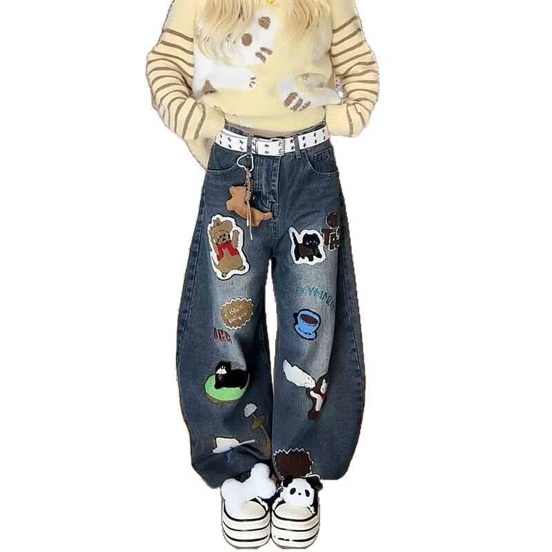 2025 Spring/Autumn Women's Retro Cartoon Embroidered Scimitar Jeans – Loose, Casual Long Pants Trendy Style