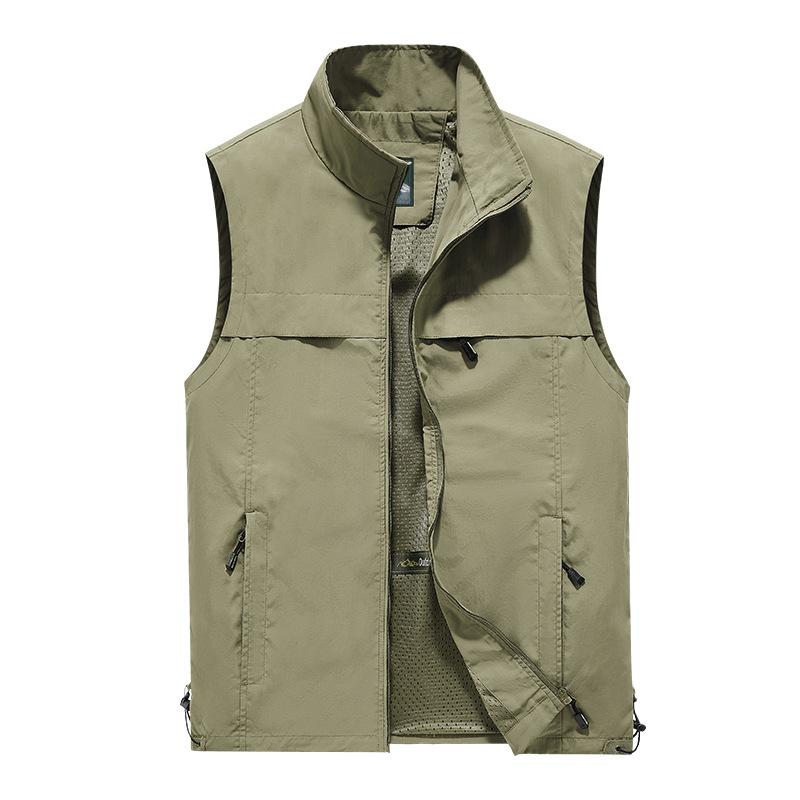 Men Stand Collar Outdoor Vest Solid Color Multi-Pocket Sleeveless Jacket M хаки