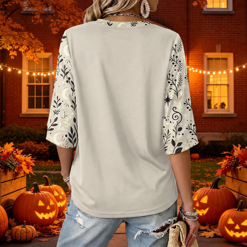 Women's V-Neck Casual Halloween Print Three-Quarter Sleeve Top