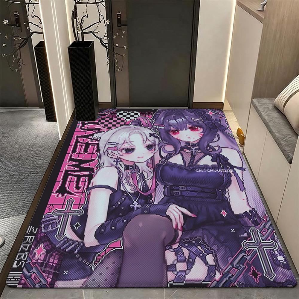 Twin Catgirls Black Lingerie Printed Rug Thick Nonslip Carpet For Gaming Room Study Living Room Home Party Decor Christmas Gift