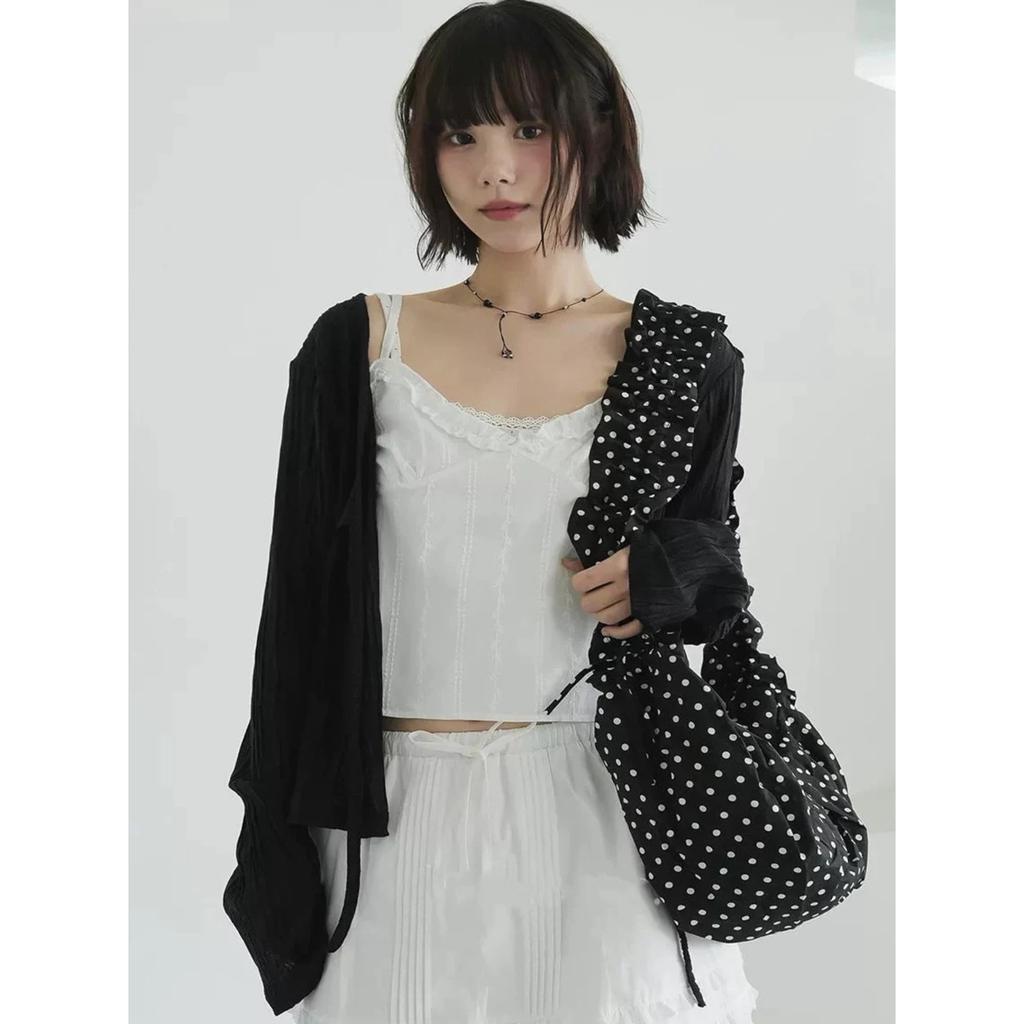 Black and White Polka Dot Pleated Lace Drawstring Messenger Bag Nylon Cloth Versatile Commuter Dumpling Bag Women's Bag Tide
