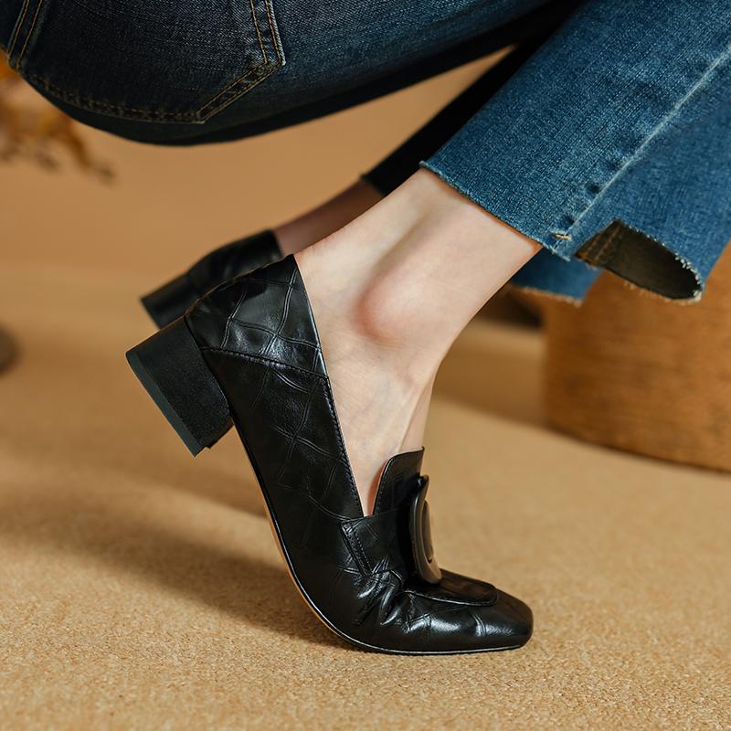 Fashion 2025 New Size 34-40 Women Casual Loafers Real Leather Soft Square Toe High Heels Shoes Spring Office Lady Daily Pumps Shoes