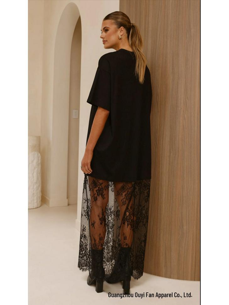 Elegant Lace Patchwork See-Through Hem T-shirt Dress - Casual Short-Sleeved Style