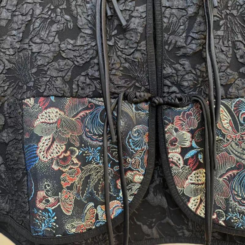 Vestă Neagră Vintage Brodată cu Nasturi Broderie Stil Chinezesc Jachetă Fără Mâneci