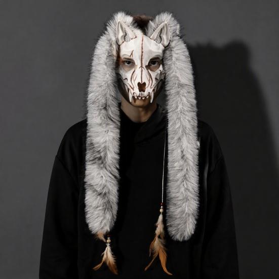 Adjustable Elastic Strap Wolf Mask Viking Skull Mask, Long Fur Ear Tassel Headpiece for Cosplay Themed Party Costume Headgear Party, Halloween