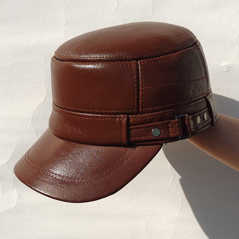 Korean Genuine Leather Cap - Autumn Winter Warm Cowhide Baseball Hat with Ear Flaps, Middle Aged Men Outdoor