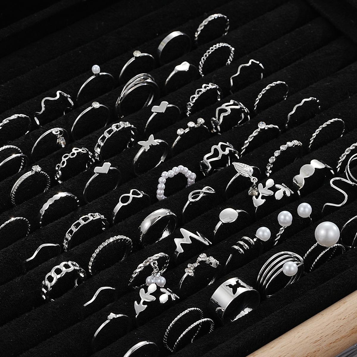 

64 Pcs Silver Color Geometric Knuckle Rings Set For Women Heart Cross Leaf Pearl Charm Finger Ring Female Boho Party Jewelry