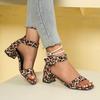 Women's Fashion Sandals Elegant Office Leopard Print Square Heel Sandals T-line Buckle Women's High Heels Size 36-42