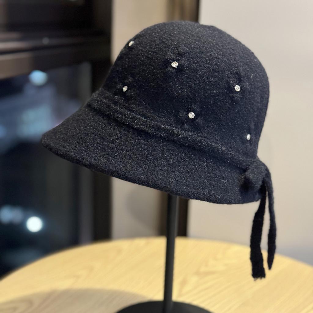 New Winter High-end Handmade Woolen Hat with Rhinestone Decoration, Japanese-style Warm Fisherman Hat, Elegant Women's Bucket Hat, Trendy