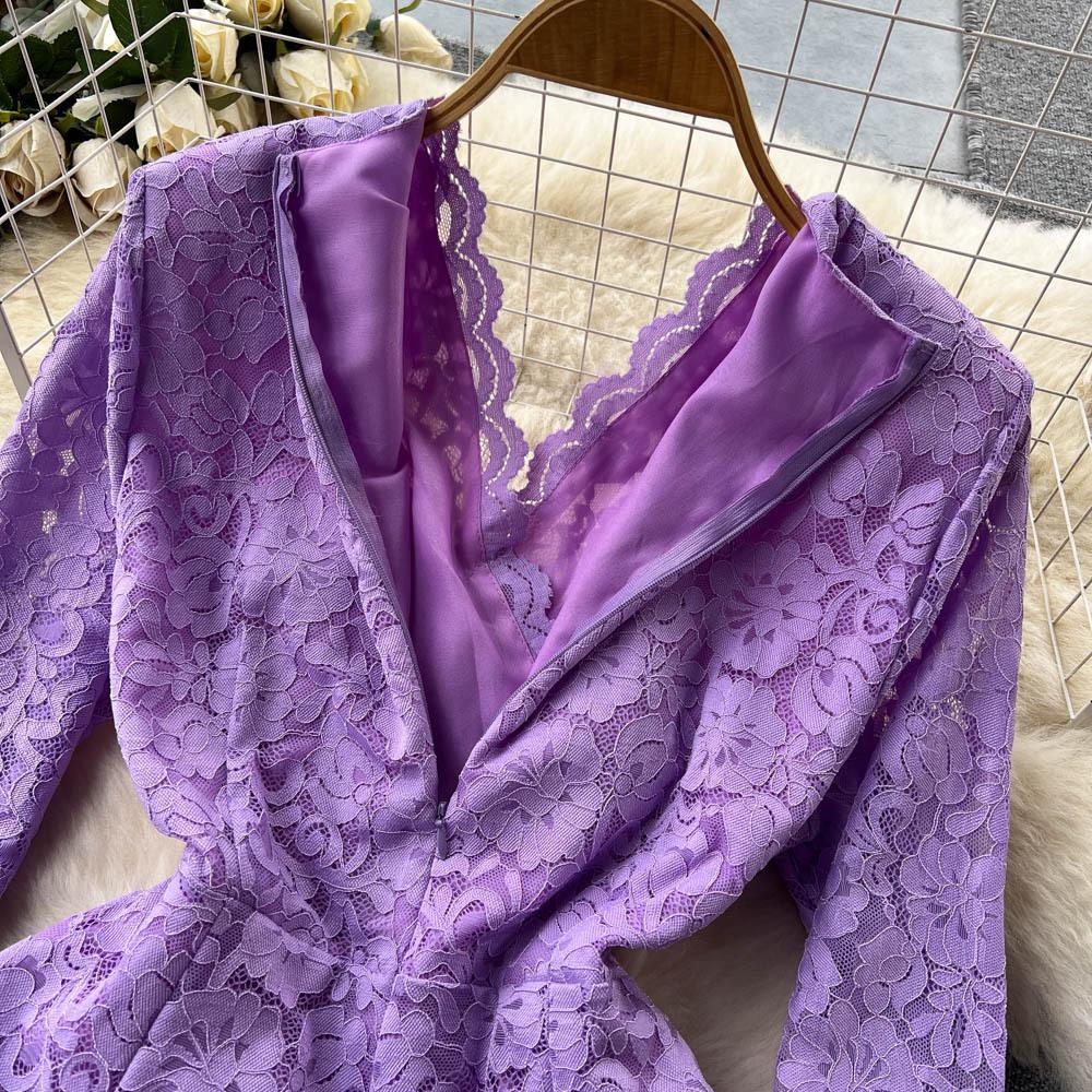 Abiti da Donna Francesi Delicati Eleganti in Pizzo con Cuciture in Rete Estate Autunno Manica Lunga Abiti da Ballo Sera Compleanno