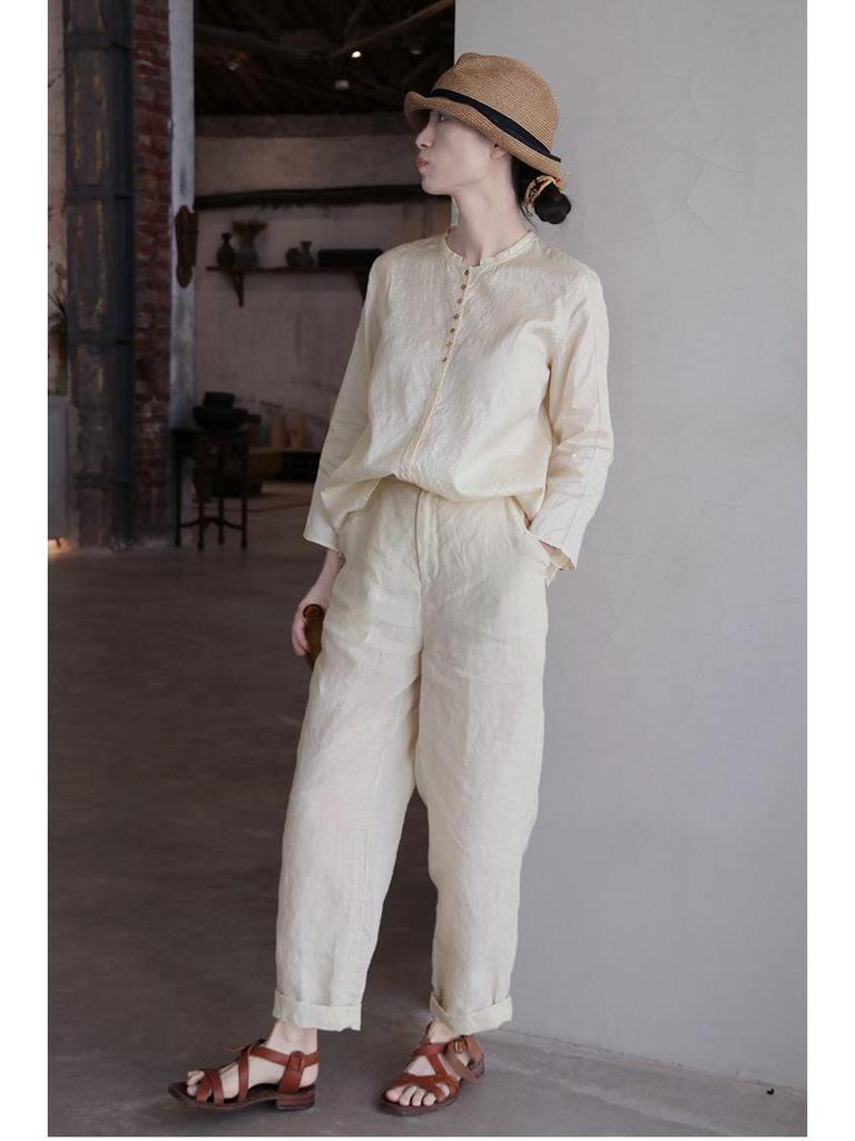 Autumn 2021 Retro Chinese Style Tussah Mulberry Silk Stand Collar Loose Long Sleeve Casual Women's Shirt