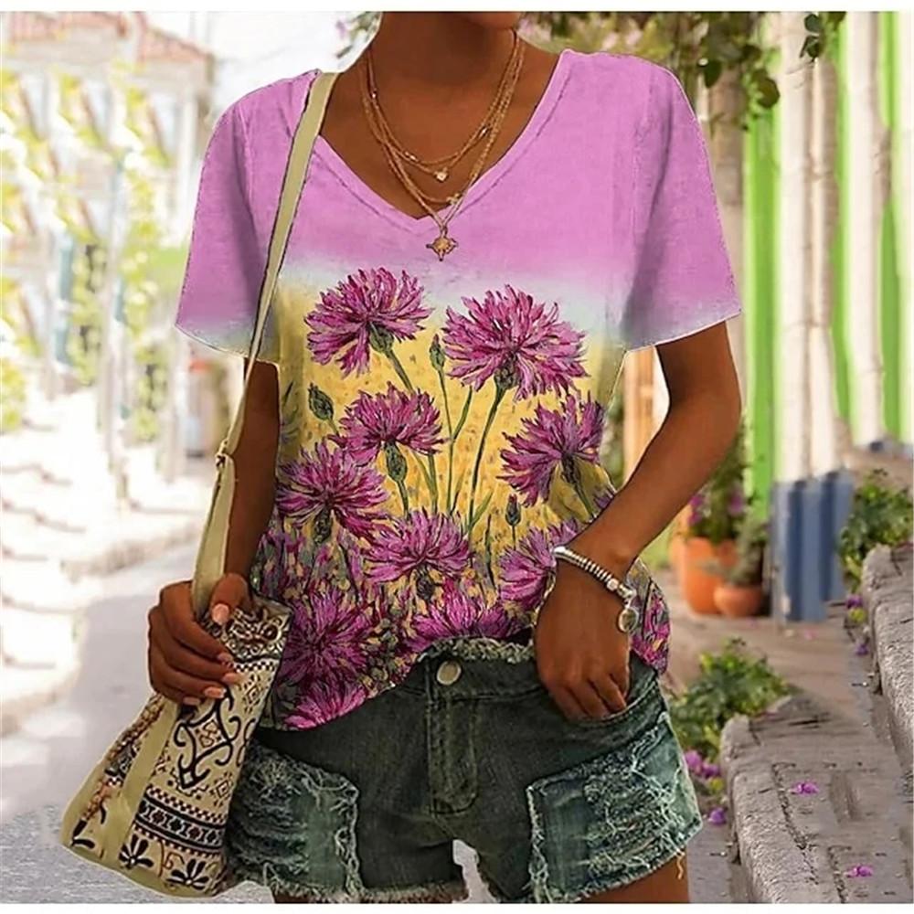 Abstract Oil Painting Floral 3D Print Summer Letter Fashion Women T-shirt Short Sleeve Everyday Tops T-shirt Harajuku Vintage