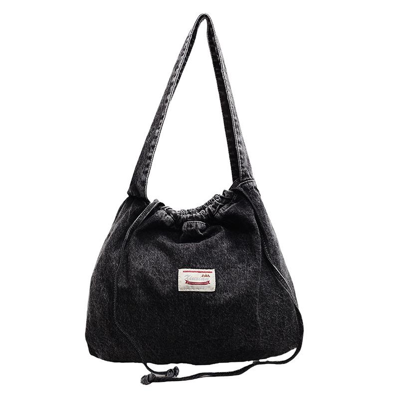 Large capacity tote bag women's new denim bag fashion versatile shoulder bag drawstring design bag