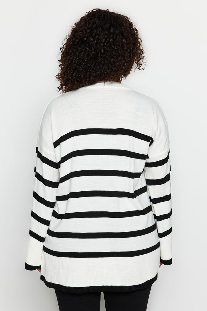 Women's Fashion New Plus Big Size Sweater Ecru Striped Crew Neck Knitwear Sweater