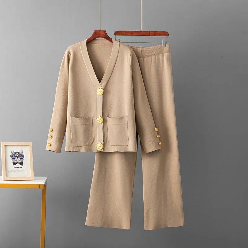 Cross-Border European Goods Casual Fashion Two-piece Set Women Autumn and Winter Versatile Metal Buckle Knit cardigan Sweater Wide Leg Pants Set