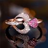 Luxury Female Rose Red Zircon Stone Heart Finger Ring Vintage Gold Color Wedding Band Bridal Jewelry For Women
