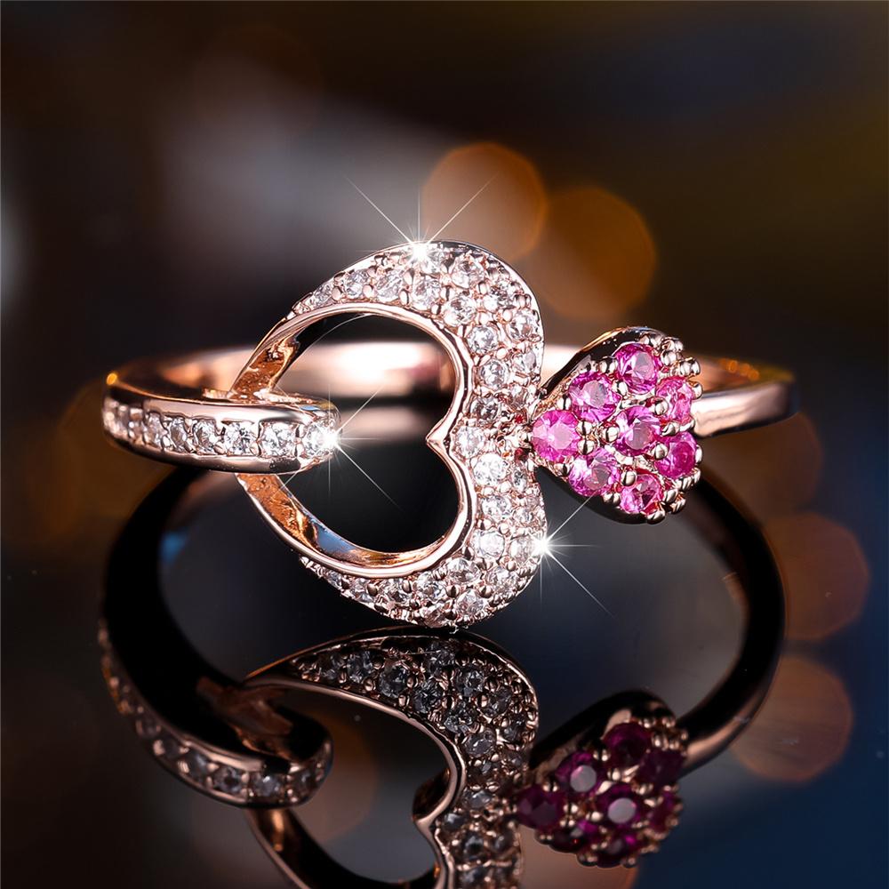 Luxury Female Rose Red Zircon Stone Heart Finger Ring Vintage Gold Color Wedding Band Bridal Jewelry For Women