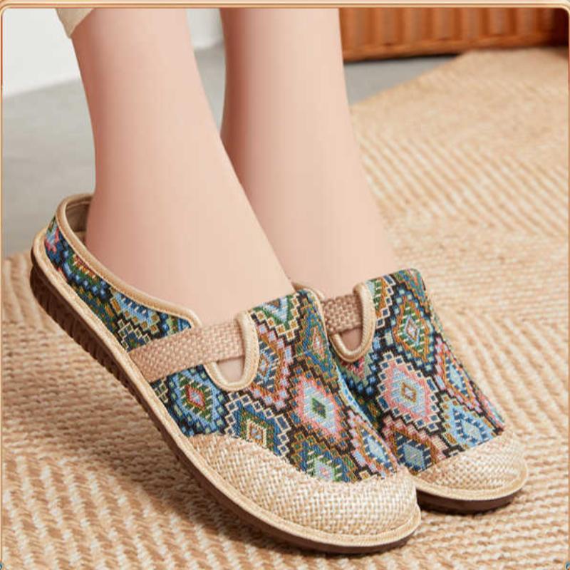 Women's ethnic style half slippers with linen toe caps, women's soft soled casual single shoes