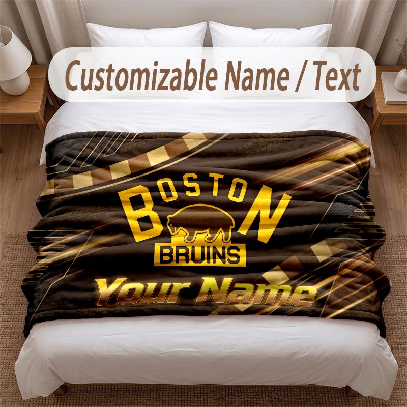 Boston Bruins Printed Flannel Blanket Custom Name Text Soft Warm Throw For Bedroom Holiday Gift
