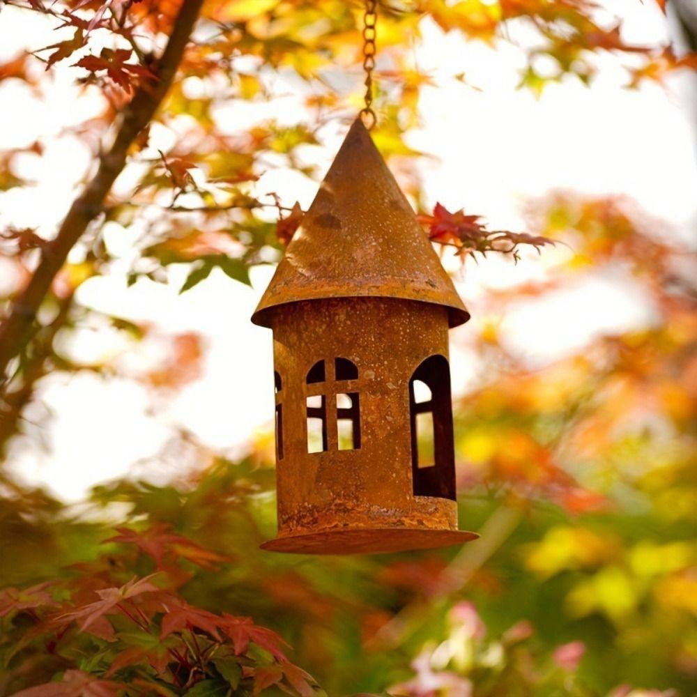 Iron Hanging Castle Candle Holder Rustic Hanging Bird Feeder Rusty Castle Candlestick for Garden