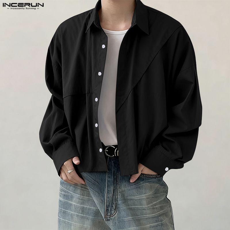 INCERUN Oversized Men Lapel Neck Long Sleeve Casual Loose Short Shirts Tops