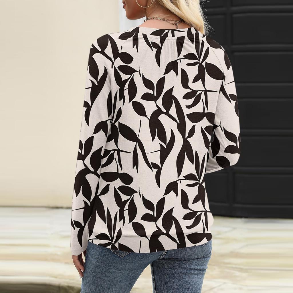 Top Casual de Moda para Mujer con Cuello en V, Manga Larga Raglán Plisada con Estampado Floral