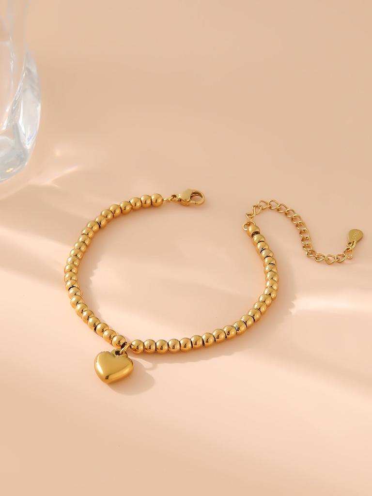 Stainless Steel Heart & Round Bead Gold Bangle Bracelet for Women